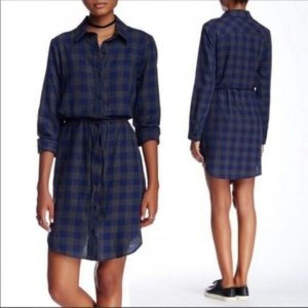 Anthropologie RO&DE Blue and Gray Plaid Flannel Shirt Dress Size Small